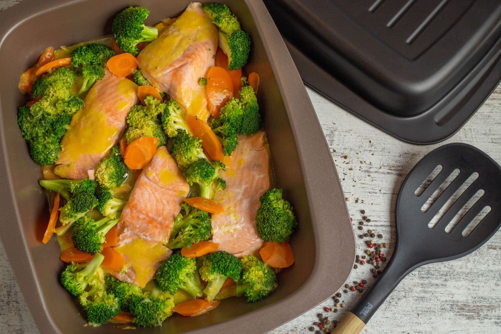 Steamed Salmon with Vinaigrette, Wine, Mustard & Vegetables